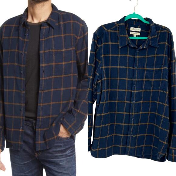 Madewell Sunday Flannel Perfect‎ Long-Sleeve Shirt Dark Baltic Mens Size XL - Picture 1 of 11
